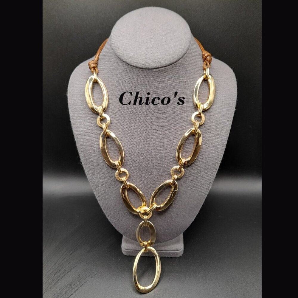 Chico's Golden Link Necklace, Brown Twisted Leather Cord, 25 Inches